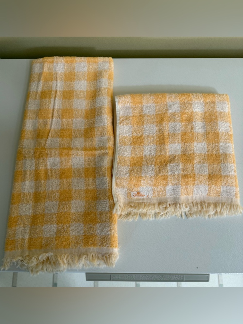 Vintage Cannon Royal Family yellow and white gingham bath towels, Set of 2